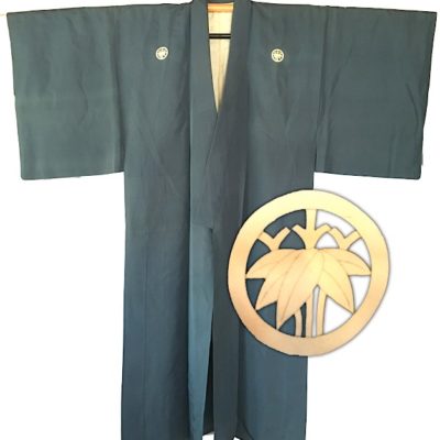 Antique kimono samourai Sasa Montsuki soie bleu homme