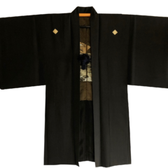 Antique haori samourai Ginkakuji Kinkakuji Sumitate Yotsume Montsuki soie noire homme