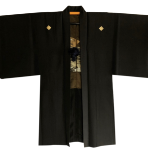 Antique haori samourai Ginkakuji Kinkakuji Sumitate Yotsume Montsuki soie noire homme