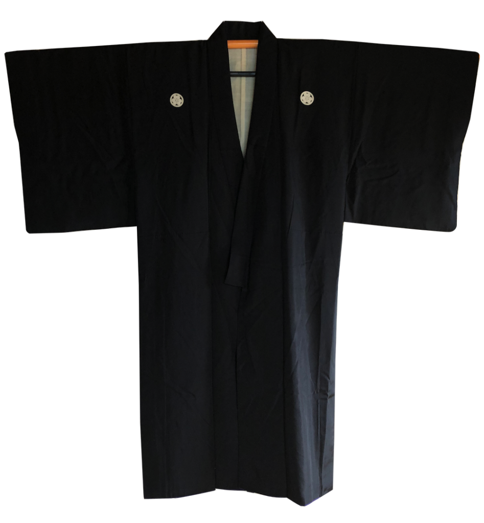 Antique Kimono japonais samourai soie noire Maruni Katabami Montsuki homme