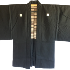 Antique haori samourai Shima Maru ni Yotsume Hishi soie noire homme “Made in Japan”