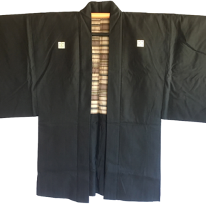 Antique haori samourai Shima Maru ni Yotsume Hishi soie noire homme “Made in Japan”