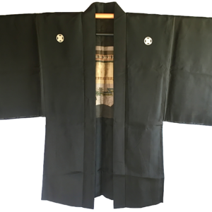 Antique Haori Samourai soie noire Yama no Jinja Takano Hane Montsuki homme « Made in Japan »