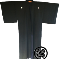 Antique kimono japonais samourai soie noire Maruni TakanoHane Montsuki homme