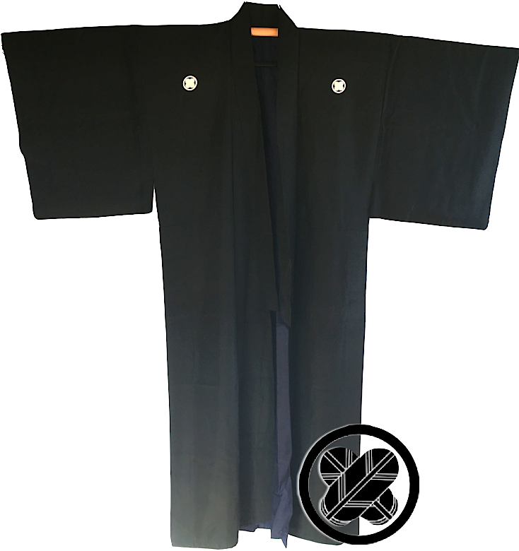 Antique black silk samurai kimono Maruni TakanoHane Montsuki