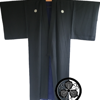Antique kimono japonais samourai soie noire Tsuru Gashiwa Montsuki homme