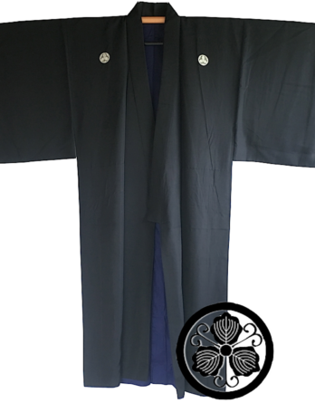 Antique kimono japonais samourai Iaido Kenjutsu soie noire Maruni Tsuru Kashiwa Montsuki homme