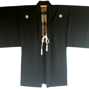 Antique Haori samourai soie noire Kumano Jinja Maruni TakanoHane Montsuki homme