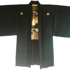 Antique Haori samourai soie noire Byodo-In Maruni Mitsu Kashiwa Montsuki homme “Made in Japan”