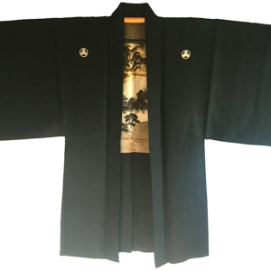 Antique Haori samourai soie noire Byodo-In Maruni Mitsu Kashiwa Montsuki homme “Made in Japan”