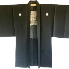 Rare antique Haori samourai soie noire Maruni KenKatabami Montsuki “Ken no Shiai”
