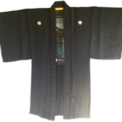 Luxe antique Haori samourai soie noire Maruni Mokkou Montsuki Torii Miyajima homme