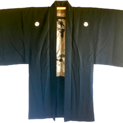 Antique veste kimono Haori soie noire Mitsu Tomoe Take Koi Nobori homme « Made in Japan »
