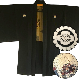 Antique haori samourai soie noire Mokkou Montskuki Ikusa no Hidensho homme