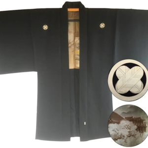 Antique veste kimono haori soie noire Takanohane montsuki Sakura no Kyomizudera homme