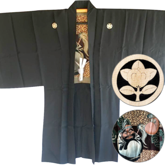 Luxe antique Haori samourai soie noire Maruni Tachibana Montsuki Zen Daruma homme