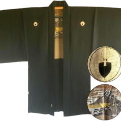 Luxe Antique Kimono Haori soie noire Sagarifuji Montsuki FujiSan Matsu