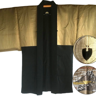 Antique Kimono Haori soie noire Sagarifuji Montsuki FujiSan Matsu 3