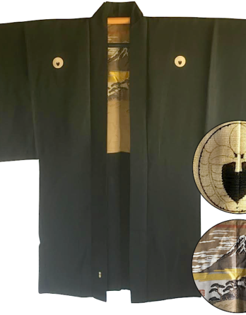 Luxe Antique Kimono Haori soie noire Sagarifuji Montsuki FujiSan Matsu