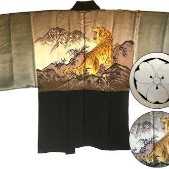 Antique kimono haori japonais samourai soie noire Kenkatabami Montsuki Tora Le tigre 3