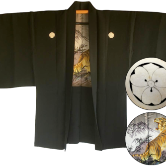 Antique kimono haori japonais samourai soie noire Kenkatabami Montsuki Tora Le tigre