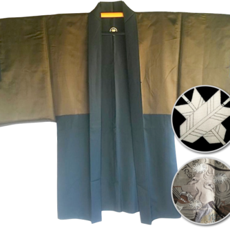Luxe Antique Kimono Haori soie noire Maruni Chigai Ha Montsuki Noh Okina Nomen 2