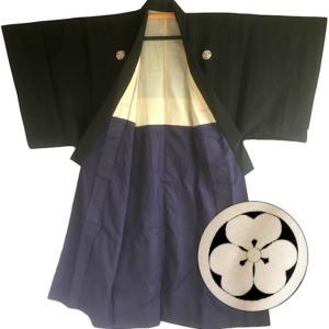 Antique kimono japonais samourai soie noire katabami Montsuki homme