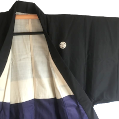 Antique kimono japonais samourai soie noire katabami Montsuki homme