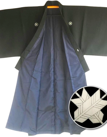 Antique kimono japonais samourai soie noire Maruni Chigai Ya Montsuki homme "Made in Japan"