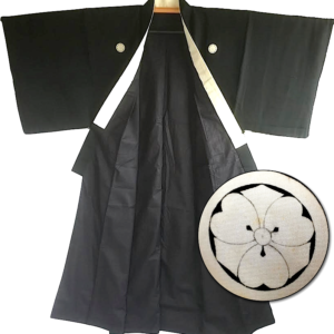 Rare Antique kimono japonais samourai soie noire Kenkatabami Montsuki homme
