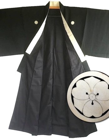 Rare Antique kimono japonais samourai soie noire Kenkatabami Montsuki homme