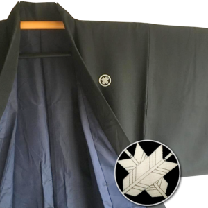 Antique kimono japonais samourai soie noire Maruni Chigai Ya Montsuki homme « Made in Japan »