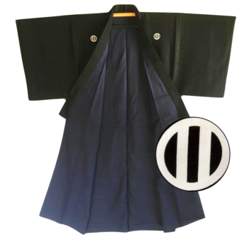 antique kimono japonais samourai soie noire maruni tate ni biki montsuki homme