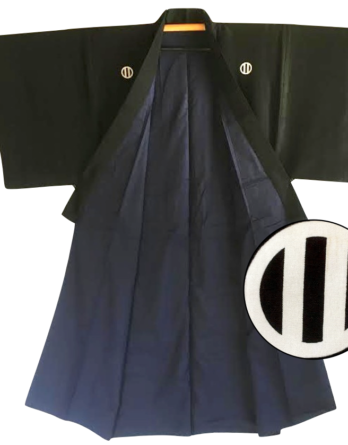 Antique kimono japonais samourai soie noire kamon maruni tate ni biki homme