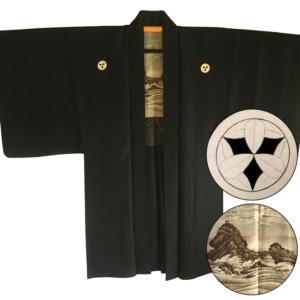 Antique veste kimono Haori soie noire Meoto Iwa Kamon clan samourai Takenaka homme « Made in Japan »