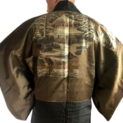 Antique Haori soie noire Kamon Temple d’argent Ginkakuji homme « Made in Japan »