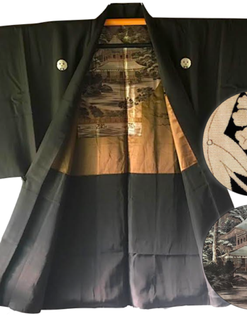 Antique Haori soie noire Kamon Temple d'argent Ginkakuji homme "Made in Japan"