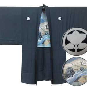 Antique veste kimono Haori samourai soie noire Kamon Tachibana Fuji San Meoto Iwa Ise homme