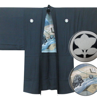 antique veste kimono haori samourai soie noire kamon tachibana meoto niwa ise homme