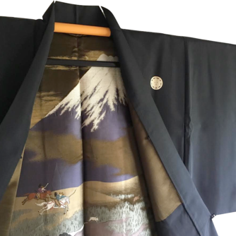 antique_veste_kimono_haori_samourai_soie_noire_kenkatabami_montsuki_yabusame_fuji_san_homme_5