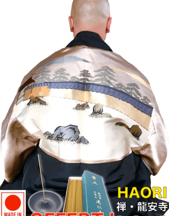 Luxe Antique Haori soie noire Jardin Japonais Zen Ryoanji Kyoto homme
