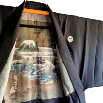 Antique Haori soie noire Takenaka Montsuki TakaraBune Fuji San homme
