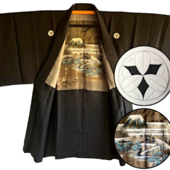 Antique veste kimono haori soie noire Montsuki Takarabune Fuji San