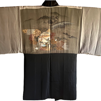 Antique Haori soie noire Sensu Montsuki Arashiyama no Koyo Kyoto homme