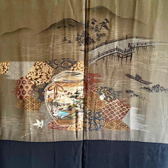 Antique Haori soie noire Sensu Montsuki Arashiyama no Koyo Kyoto homme details