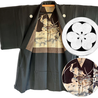 Antique Luxe Haori japonais soie noire Katabami Montsuki Miyamoto Musashi Nito Ryu