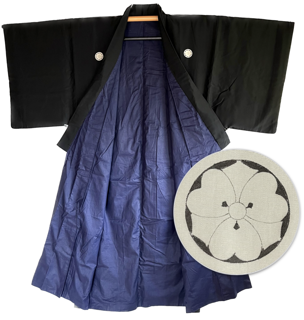 Antique kimono traditionnel japonais soie noire Kenkatabami Montsuki homme 003