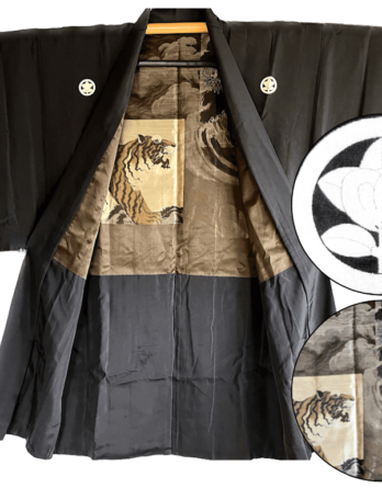 Antique Haori soie noire Tachibana Montsuki Tiger VS Dragon homme