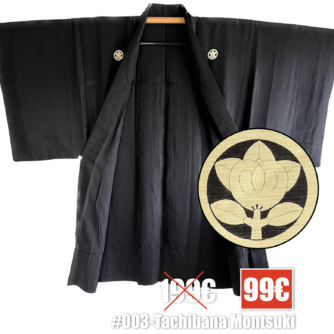 Antique Haori japonais soie noire Tachibana Montsuki homme
