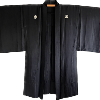 Antique Haori japonais soie noire Tachibana Montsuki homme 1
